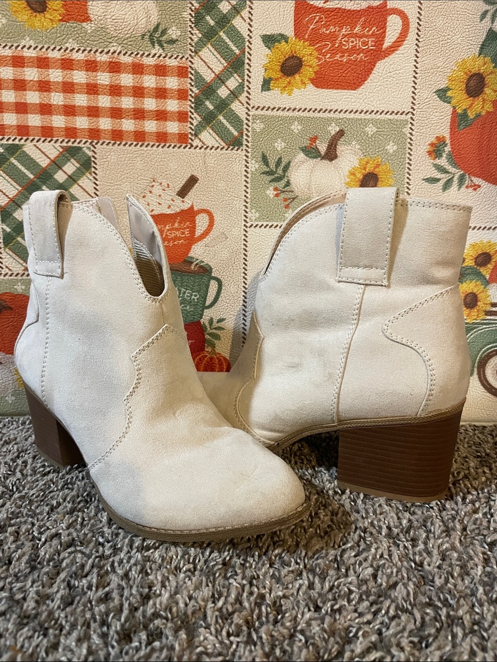Sonoma Ivory Suede Ankle Booties with Stacked Heel